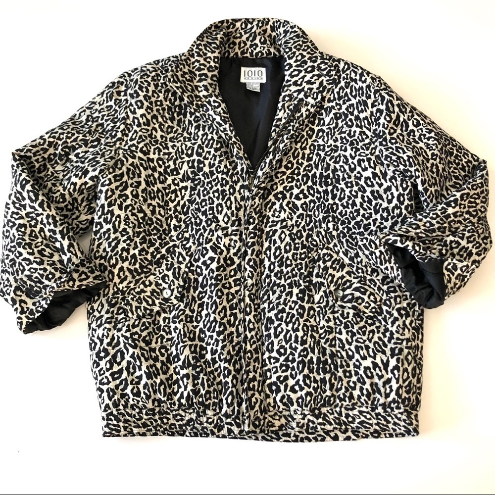 Vintage Silk Leopard Print Puffer Bomber Jacket S